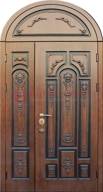Арочная железная дверь с виноритом и узором ДА-36 в Черноголовке
