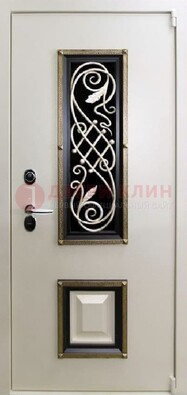 Белая стальная дверь с ковкой со стеклопакетом и МДФ ДК-30 в Черноголовке