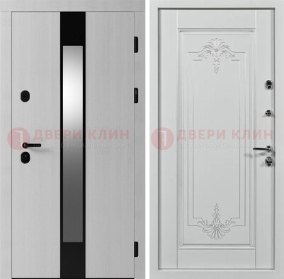Белая металлическая дверь МДФ с зеркальной вставкой ДМ-324 в Черноголовке