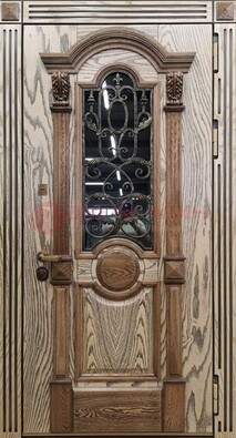 Железная дверь с массивом дуба со стеклом и ковкой ДМД-47 в Черноголовке