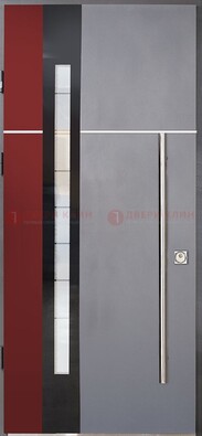Серая входная дверь с порошковым окрасом и красной вставкой ДП-175 в Черноголовке