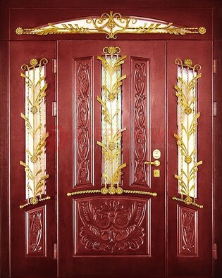 Бордовая железная парадная дверь со стеклом и ковкой ДПР-75 в Черноголовке