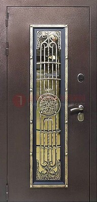 Железная дверь цвета медный антик со стеклом и ковкой ДСК-105 в Черноголовке