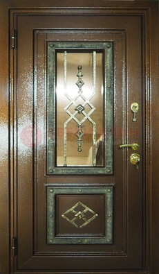 Теплая входная дверь со стеклом и ковкой разноцветной ДСК-13 в Мурино