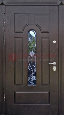 Металлическая дверь со стеклом и ковкой в цвете венге ДСК-142 в Черноголовке
