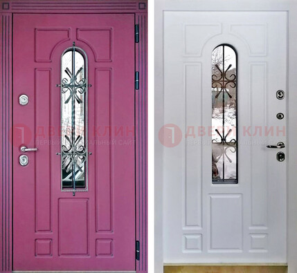 Розовая металлическая дверь со стеклом и ковкой ДСК-151 в Черноголовке