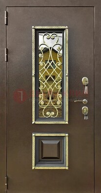 Входная дверь порошок со стеклом и ковкой для коттеджа ДСК-166 в Черноголовке