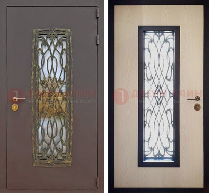 Уличная дверь порошок со стеклом и ковкой ДСК-168 коричневая в Черноголовке