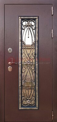 Коричневая стальная дверь порошок со стеклом и ковкой для дома ДСК-169 в Черноголовке