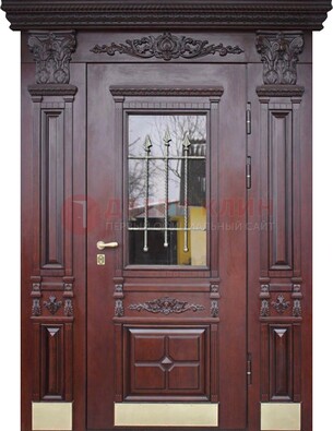 Железная парадная дверь массив дуба со стеклом и ковкой ДСК-175 в Черноголовке