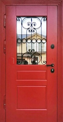Красная железная дверь Винорит со стеклом и ковкой ДСК-205 в Черноголовке