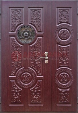 Красная железная дверь Винорит со стеклом и ковкой ДСК-235 в Черноголовке