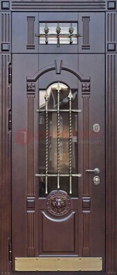Металлическая дверь массив со стеклом и ковкой с фрамугой ДСК-249 в Черноголовке