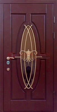 Бордовая стальная дверь Винорит со стеклом и ковкой ДСК-263 в Черноголовке