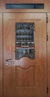 Металлическая входная дверь со стеклом и ковкой для дома ДСК-96 в Черноголовке