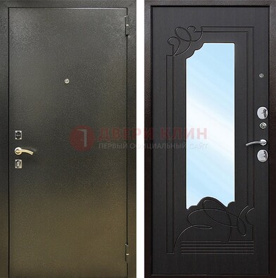 Железная темная дверь c порошковым напылением и МДФ с узором и зеркалом ДЗ-111 в Черноголовке