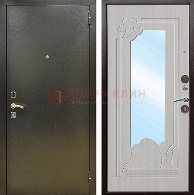 Входная темно-серая дверь c порошковым покрытием и МДФ с резьбой и зеркалом ДЗ-113 в Черноголовке