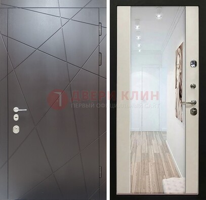 Железная коричневая дверь со светлой МДФ внутри и зеркалом ДЗ-125 в Черноголовке