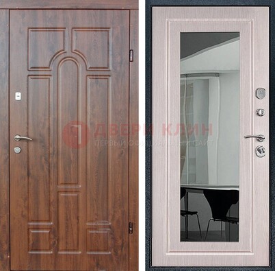 Входная коричневая дверь с МДФ Белый дуб и зеркалом ДЗ-126 в Черноголовке
