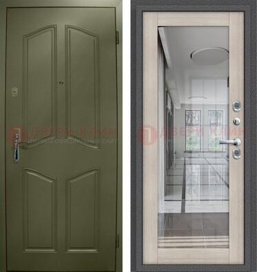Зеленая стальная дверь с МДФ панелями и зеркалом ДЗ-137 в Черноголовке