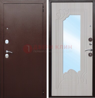 Коричневая металлическая дверь с зеркалом МДФ внутри ДЗ-33 в Черноголовке