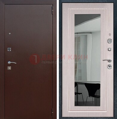Входная дверь с порошковым напылением Медный антик/Белый дуб с зеркалом ДЗ-63 в Черноголовке