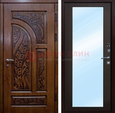 Коричневая входная дверь c узором и виноритом МДФ с зеркалом ДЗ-98 в Черноголовке