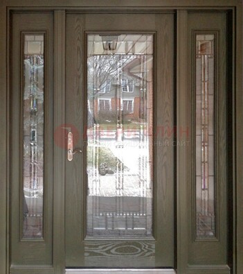 Коричневая стальная дверь с массивом дуба с витражом ВЖ-16 в Черноголовке