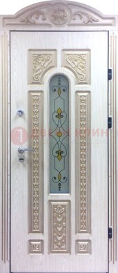 Белая железная дверь с МДФ и витражом ВЖ-26 в Черноголовке