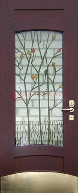 Бордовая стальная дверь с витражом и декоративным элементом ВЖ-3 в Черноголовке